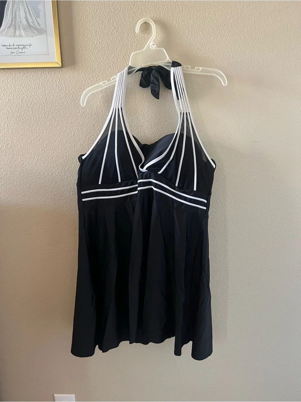 Source Unknown Black One-Piece Swimdress with White Strap Accents